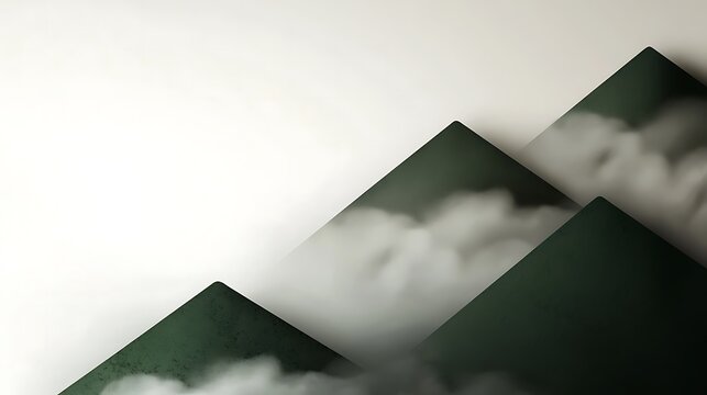 Abstract representation of green triangular mountains shrouded in mist against a light background
