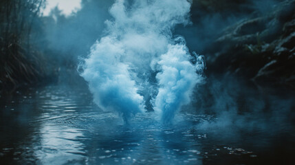 Fototapeta premium Mystic Blue Smoke Over Water Dreamy Nature Scene Photography fog art dark river color image eerie 