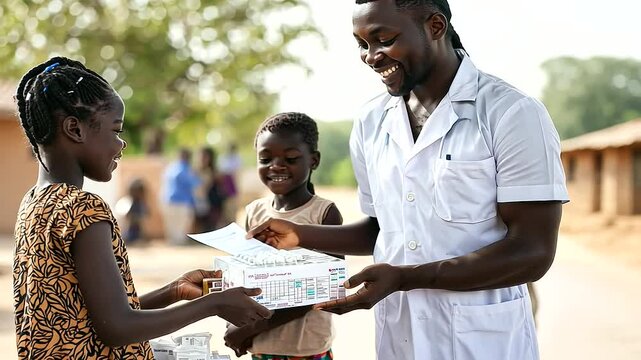 Family Receiving Health Kit with Essential Medicines and Supplies
