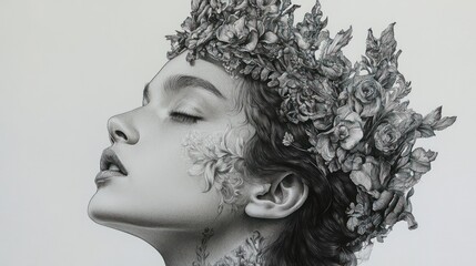 Fototapeta premium Serene Woman, Floral Crown, Studio, Grey Background, Art