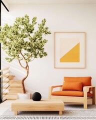 Modern Living Room Design Featuring Cozy Orange Furniture, Potted Plant Accent, Contemporary Artwork, Bright Atmosphere