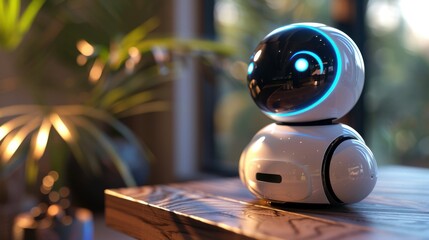 Fototapeta premium Modern Cute Robot Companion with Glowing Features in a Cozy Indoor Setting Surrounded by Greenery and Natural Light