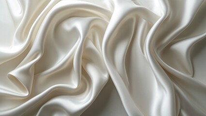 Fototapeta premium Soft white silk fabric is beautifully arranged in a minimalist style, highlighting its smooth texture and gentle folds. The overall appearance is serene and elegant
