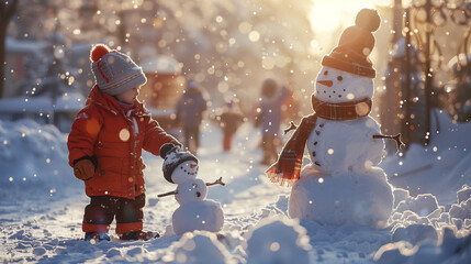 First Snow of the Season: Children Playing and Making Snowmen in a Joyful Winter Wonderland