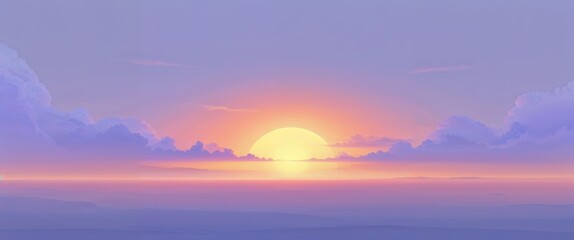 A beautiful sunrise emerges over a serene landscape, casting soft hues of pink, orange, and lavender across the sky. The gentle clouds float above, enhancing the peaceful atmosphere