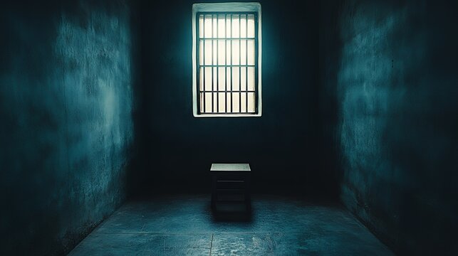 Solitary prison cell with high barred window and stool in shadowy atmosphere