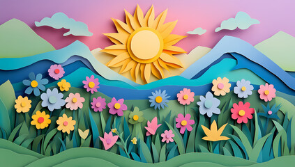 Fototapeta premium Papercut Spring Landscape: A whimsical papercut illustration depicting a vibrant springtime scene with a bright yellow sun shining over a colorful field of flowers and rolling green hills.