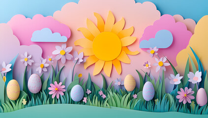 Easter Egg Hunt: Delightful papercraft scene with pastel colored Easter eggs hidden in a field of flowers, set against a backdrop of a bright yellow sun and fluffy clouds.
