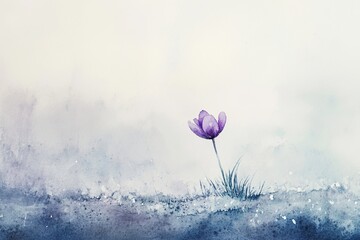 Lonely purple flower blooms in a tranquil watercolor landscape at dawn with soft hues and gentle background. Generative AI