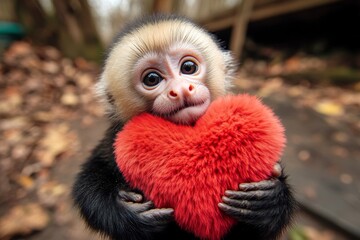Cute capuchin baby with fluffy red heart on in a natural habitat. Promotion animal conceptual art. Capuchin - my desired animal. Valentineâ€™s day romantic nature moment. Wild romance captured.