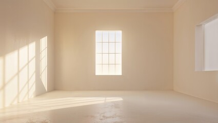 Soft sunlight filters through large windows onto a minimalistic, empty room with light-colored walls and a clean floor. The bright atmosphere evokes calmness and tranquility