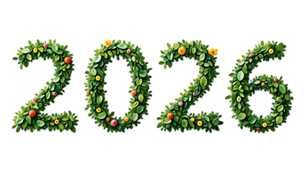 the numbers "2026" rendered in lush green foliage, suggesting growth or a natural theme symbolize a hopeful vision for the year 2026