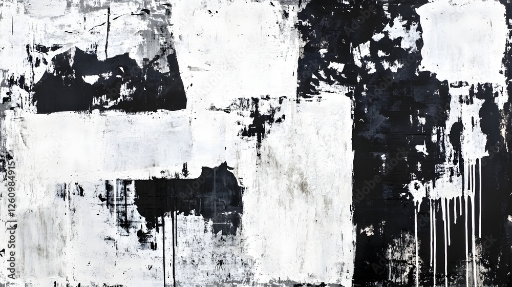 Aufkleber A high contrast gritty and moody abstract background with a distressed weathered appearance  Featuring a monochrome color palette of black and white paint splatters drips and splashes over a rough