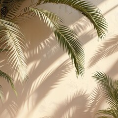 Obraz premium Palm leaves stretch across a minimalist background, creating intricate shadows that add depth and tranquility. The soft hues evoke a calm and serene atmosphere
