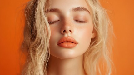 Naklejka premium Blonde woman, serene face, orange backdrop, beauty shot
