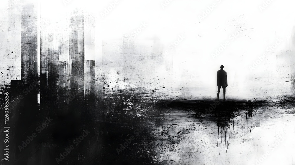 Poster a lone human figure stands silhouetted against a moody gloomy cityscape with towering skyscrapers an