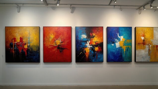 Art gallery, abstract paintings hanging on the walls
