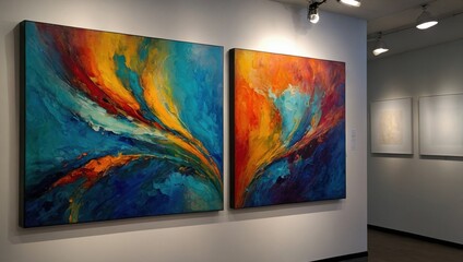 Art gallery, abstract paintings hanging on the walls