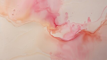 Fototapeta premium Delicate washes of pink and orange flow gracefully across a light background, forming soft abstract shapes. This minimalist design evokes calmness and elegance, ideal for contemporary spaces