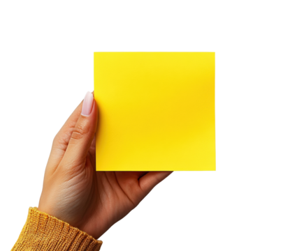 Hand holding yellow sticky note minimalist style isolated on transparent background - Generative AI