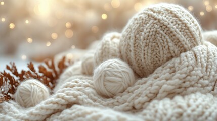 Obraz premium Cozy winter scene with knitted wool balls and textured fabric at a soft, warm light setting