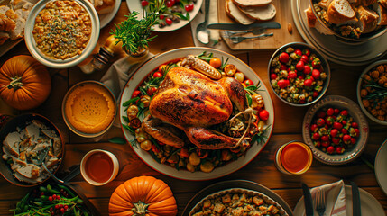 Fototapeta premium Table with Turkey, Pumpkin Pie, and Stuffing