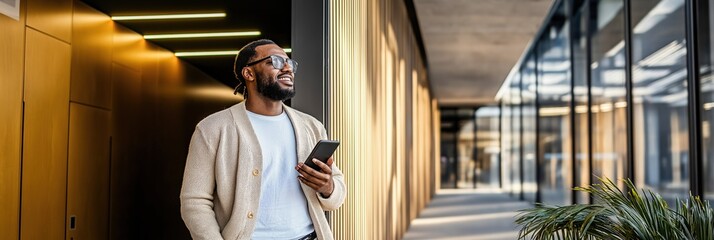 A man is standing in a hallway with a cell phone in his hand. He is smiling and looking at the camera