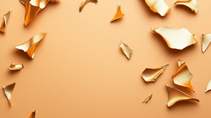 Gold colored background with gold colored pieces of paper scattered on it. Minimalistic background.