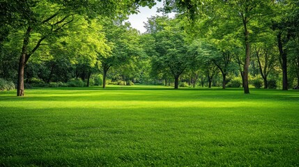 Fototapeta premium Lush park, green grass, trees, sunlight, summer