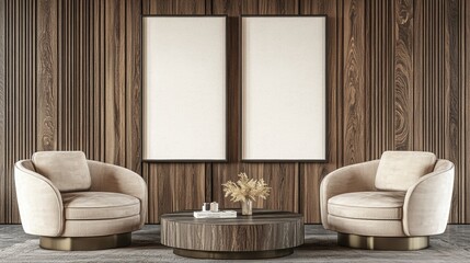 Modern Living Room with Plush Chairs and Wooden Accent Wall Featuring Minimalist Decor