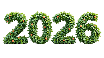 the numbers "2026" rendered in lush green foliage, suggesting growth or a natural theme symbolize a hopeful vision for the year 2026