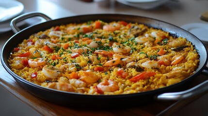 Seafood Paella, kitchen table setting, sunny day, meal prep, restaurant food