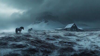 stunning icelandic horse pasture in a remote nordic landscape, featuring dramatic black horses, misty mountains, and a moody meadow under a cloudy sky