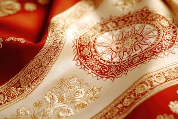 Obraz premium Detailed Close-Up of Intricate Patterns on a Red and Gold Prayer Rug Showcasing Texture and Design Elements