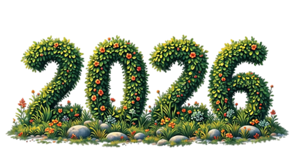 the numbers "2026" rendered in lush green foliage, suggesting growth or a natural theme symbolize a hopeful vision for the year 2026