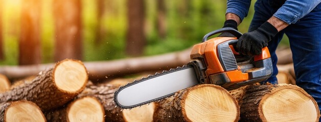 A worker operates a chainsaw to cut logs in a dense forest, sending sawdust flying amid towering trees in daylight