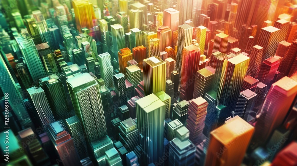 Poster A dazzling array of colorful skyscrapers emerges from an abstract perspective, blending shades of green, orange, and blue to create an enchanting metropolitan skyline full of life and energy