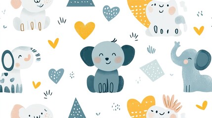 Adorable Baby Animals Pattern Featuring Hearts and Shapes