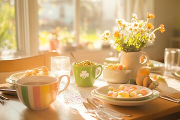 Festive Dining Setup With Shamrock Tableware, Rainbow Accents, and a Pot of Gold Centerpiece in Natural Light