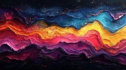 Vibrant abstract landscape with flowing waves of color in rich hues of pink, orange, and blue, evoking emotion and creativity for modern decor.