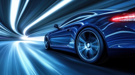 Fototapeta premium Blue sports car speeding through tunnel