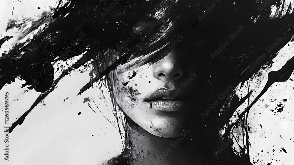 Leinwandbilder a striking black and white portrait that captures the intense and enigmatic expression of a woman wi