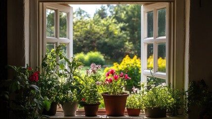 Fototapeta premium Open window, potted plants, garden view, sunlight