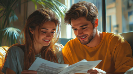 Happy Couple Reviewing Mortgage Documents at Home  
