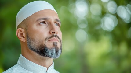 Man in prayerful pose, looking upward against blurred foliage.  Possible use in spiritual/religious stock photography