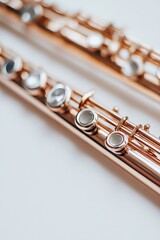 Fototapeta premium Close-up image highlighting the intricate details of a shiny metal flute, focusing on the keys and smooth craftsmanship.