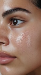 Fototapeta premium Detailed close-up photo showcasing a woman's smooth, glowing skin texture, highlighting natural beauty and healthy complexion.