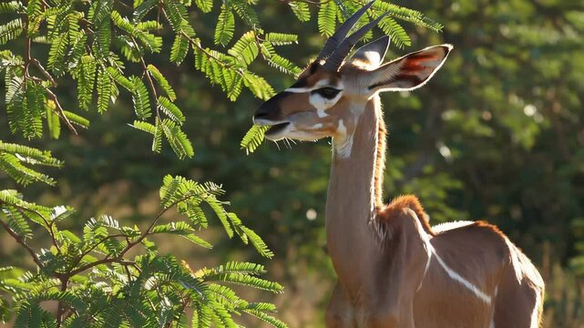 Graceful gerenuk feeding on leaves in sunlit savanna