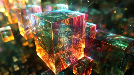 Abstract Technology Visualization with Colorful Cubes and Light Effects for Modern Digital Art and Designs