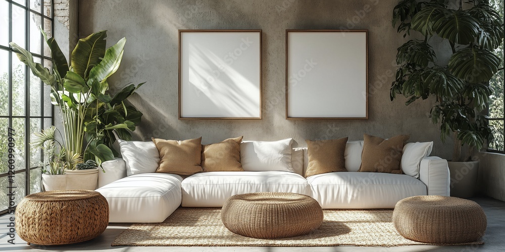 Poster Cozy living room with white sofa, natural decor, and large windows in modern apartment